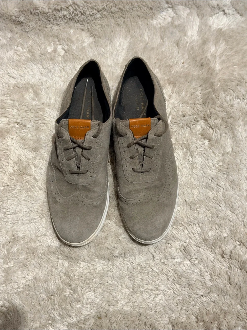 Cole Haan Gray Suede Wingtip Derbys with Tan Leather Tongue